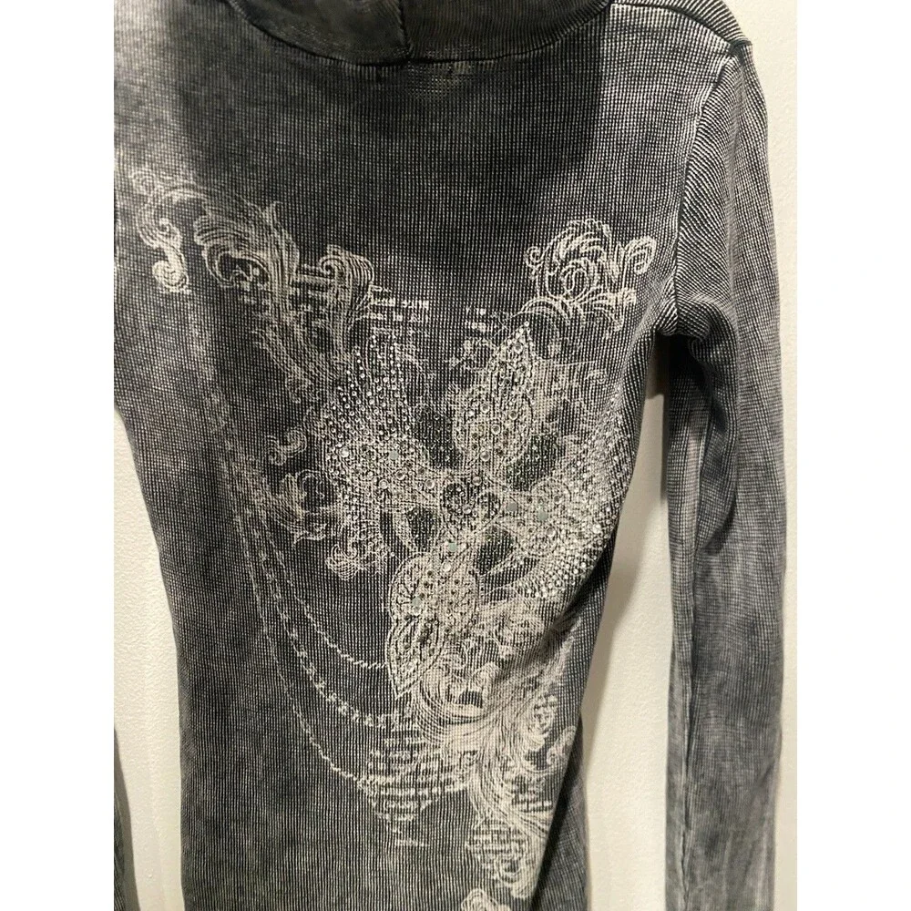 Vtg Y2K stonewashed Graphic Thermal Henley Hoodie Rhinestone embellished Sz M